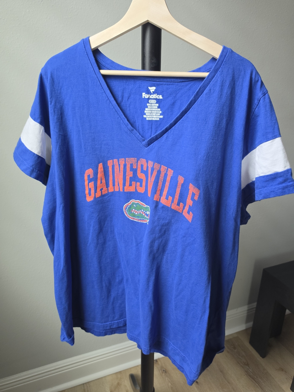 Fanatics Royal Blue Gainesville V-Neck Tee with White Sleeve Stripes